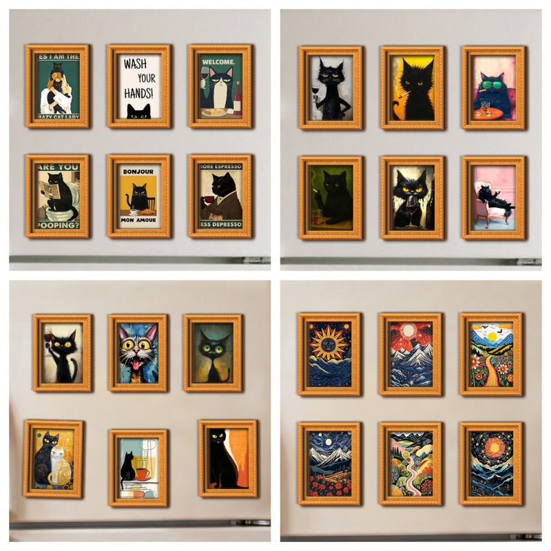 Engraved Wood Frame - 6 ピース/セット木製冷蔵庫マグネットアートワーク冷蔵庫マグネットステッカーフレーム吊り下げ絵ステッカーパーティーギフトゲスト用ホームデコレーション
