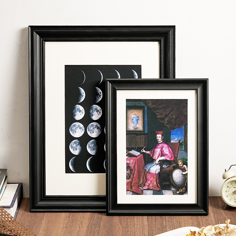 Engraved Wood Frame - ヴィンテージ黒色無垢材額縁、多サイズ写真フレーム、壁掛けまたは卓上ディスプレイ用、絵画、アートワーク、ポスター用